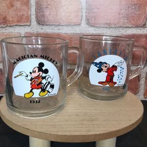2 Mickey Mouse Disney Glass Mugs - Fantasia and Magician Mickey